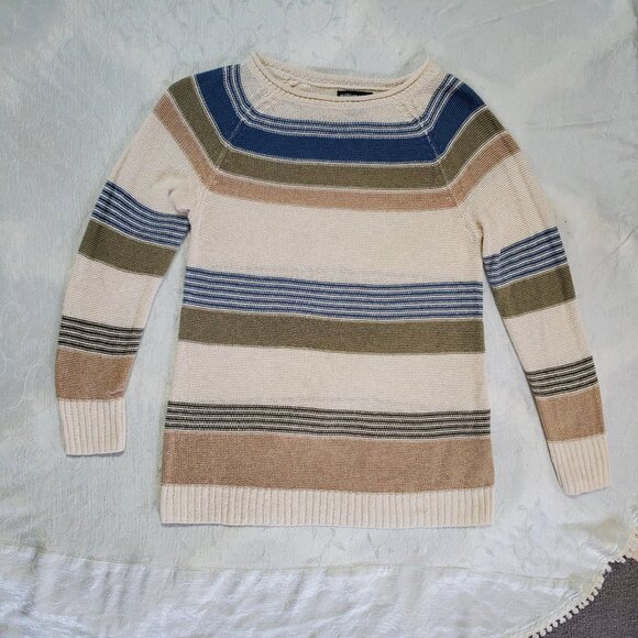 Crewneck Open Knit Linen Pullover Casual sweater top cream colorblock stripe M - Picture 1 of 6